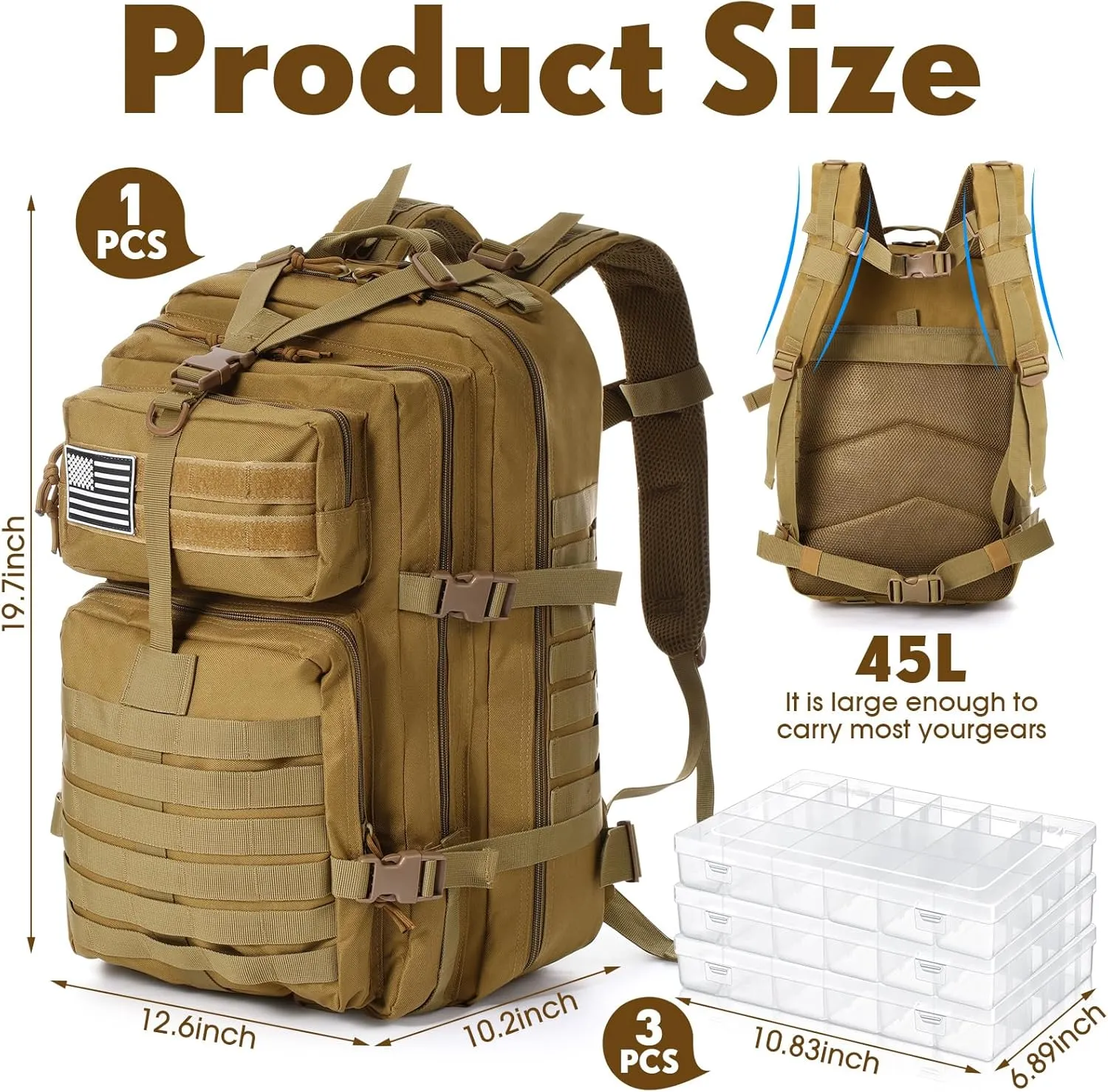 1 Pcs Fishing Tackle Backpack with 3 Pcs Tackle Boxes 45L Fishing Backpack Outdoor Storage Gear and Equipment Bag(Khaki)