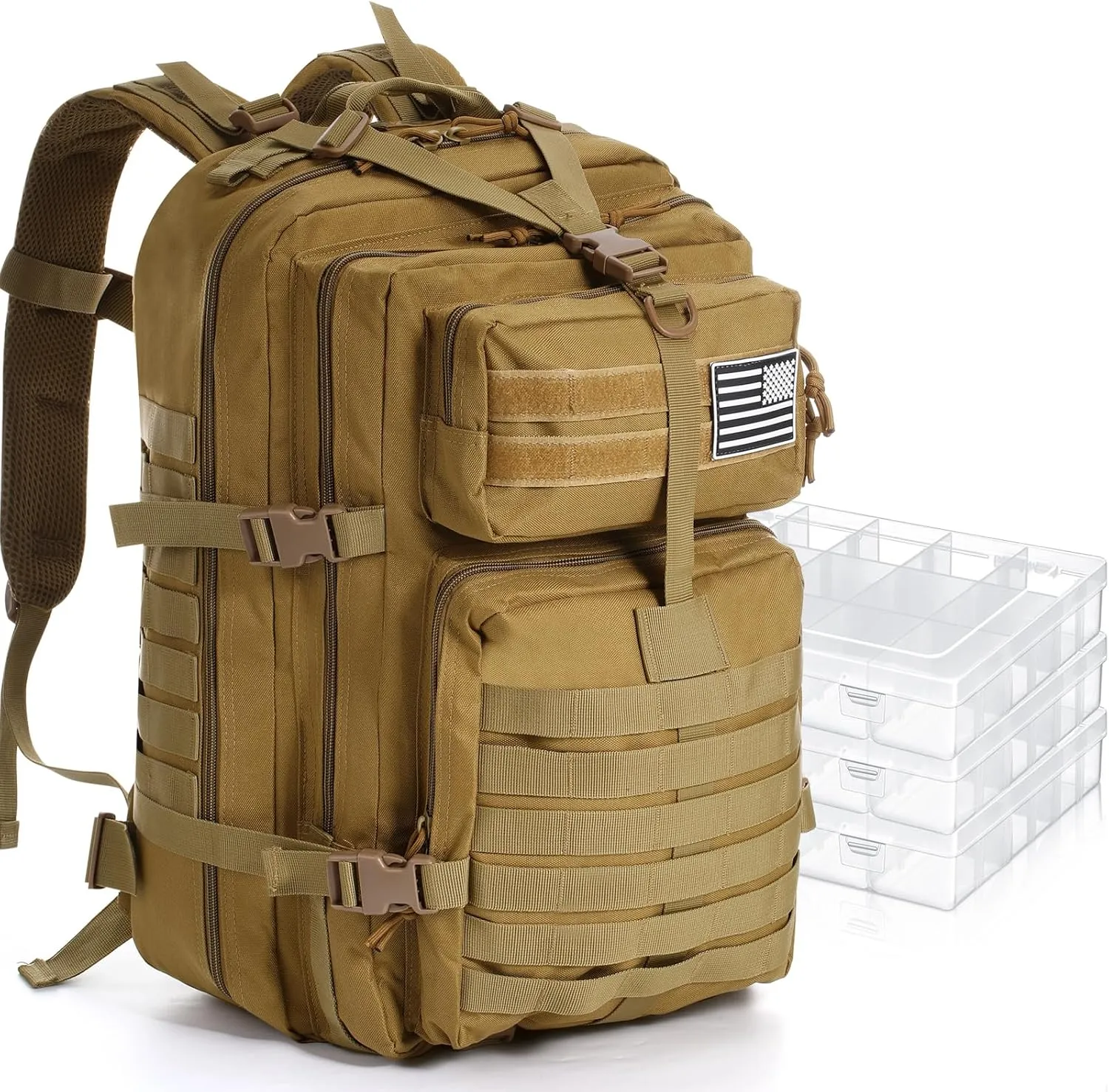 1 Pcs Fishing Tackle Backpack with 3 Pcs Tackle Boxes 45L Fishing Backpack Outdoor Storage Gear and Equipment Bag(Khaki)