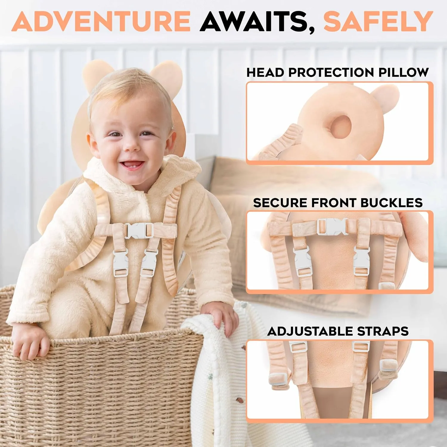 100% Cotton Non-Toxic Hypoallergenic Baby Backpack Head Protection Pillow, Full Head Coverage, Baby Head Pillow for Falling, Secure, Durable, Rabbit