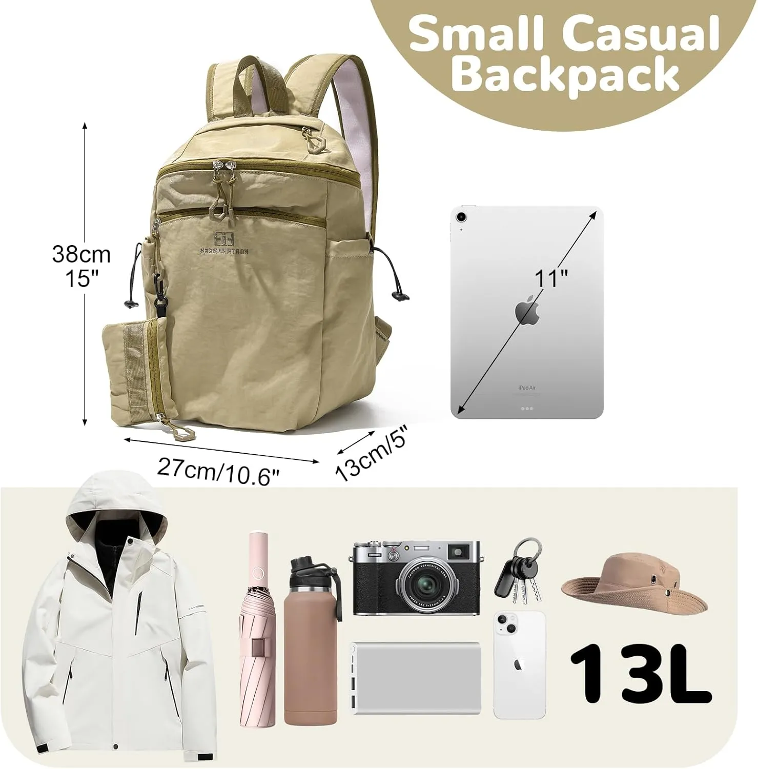 13L Casual Daypack Backpacks, Small Travel Backpack for Men Women, Outdoor Rucking Backpack with Small Pouch, Khaki