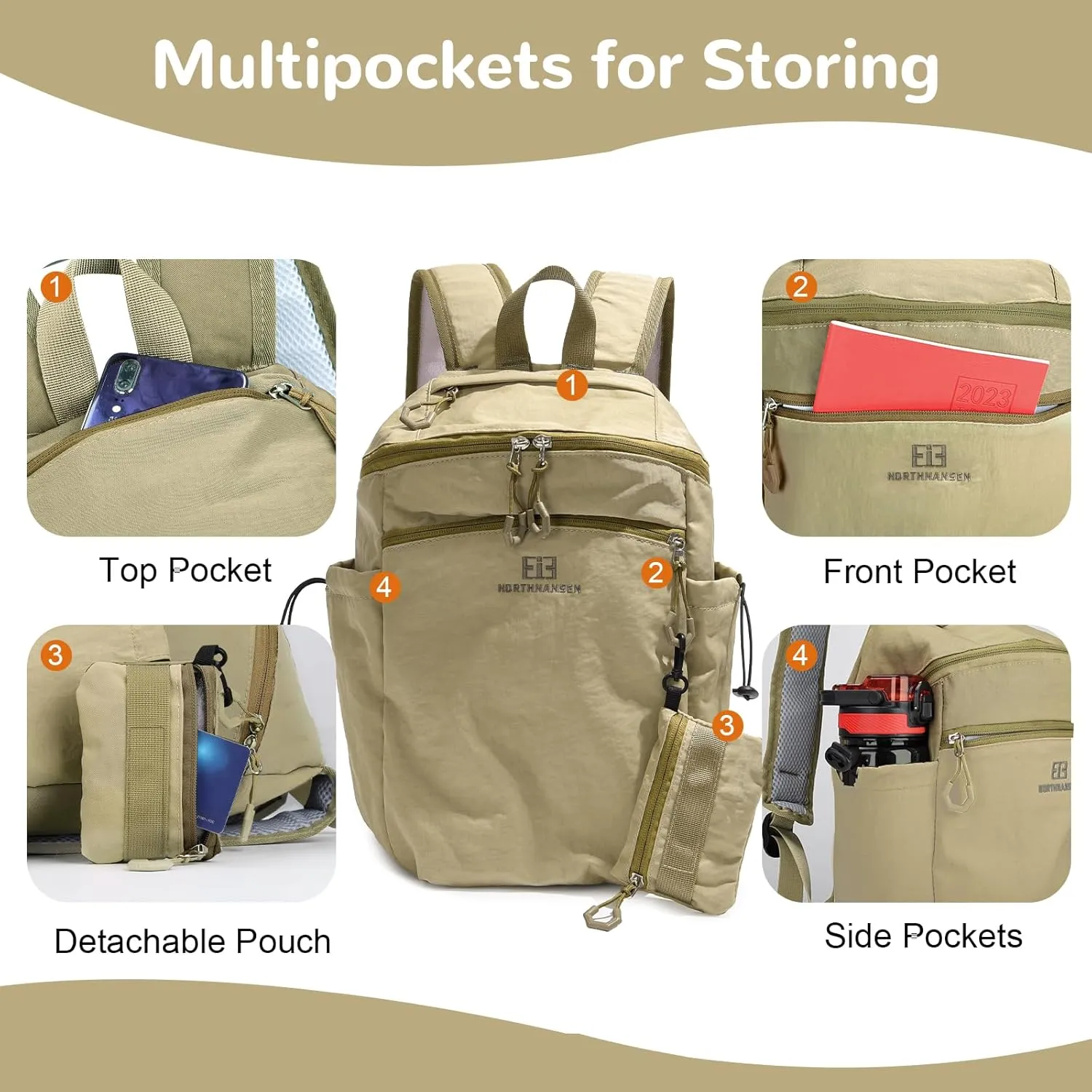 13L Casual Daypack Backpacks, Small Travel Backpack for Men Women, Outdoor Rucking Backpack with Small Pouch, Khaki