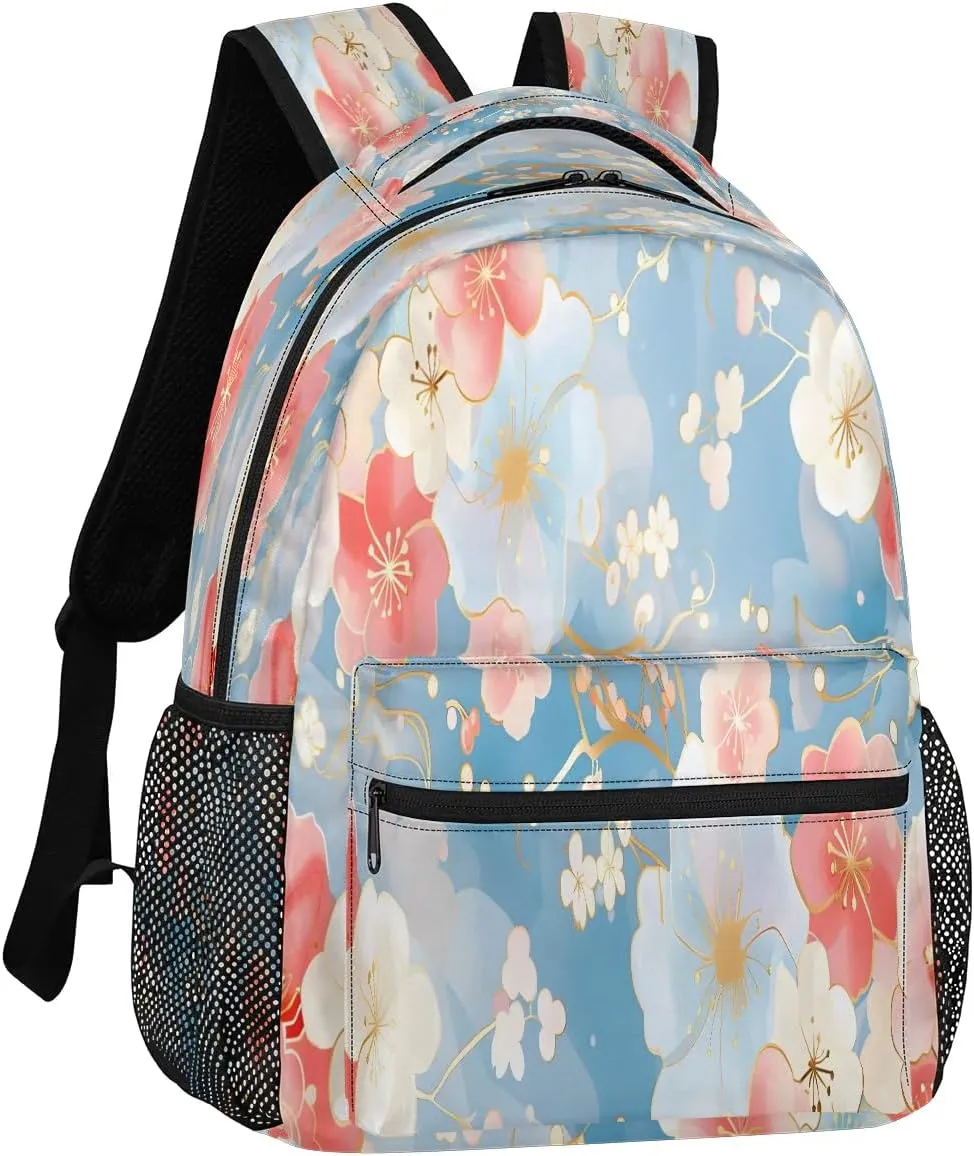 16 Inch Backpack Cherry Blossom Pink Blue Waterproof Lightweight Travel Back Pack Adjustable Casual Rucksack For Men Women Daypack Fits Travel Outdoor Sport Work Hiking Gym Gifts