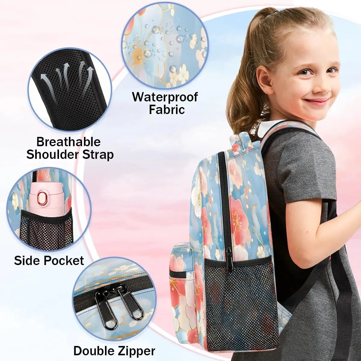 16 Inch Backpack Cherry Blossom Pink Blue Waterproof Lightweight Travel Back Pack Adjustable Casual Rucksack For Men Women Daypack Fits Travel Outdoor Sport Work Hiking Gym Gifts