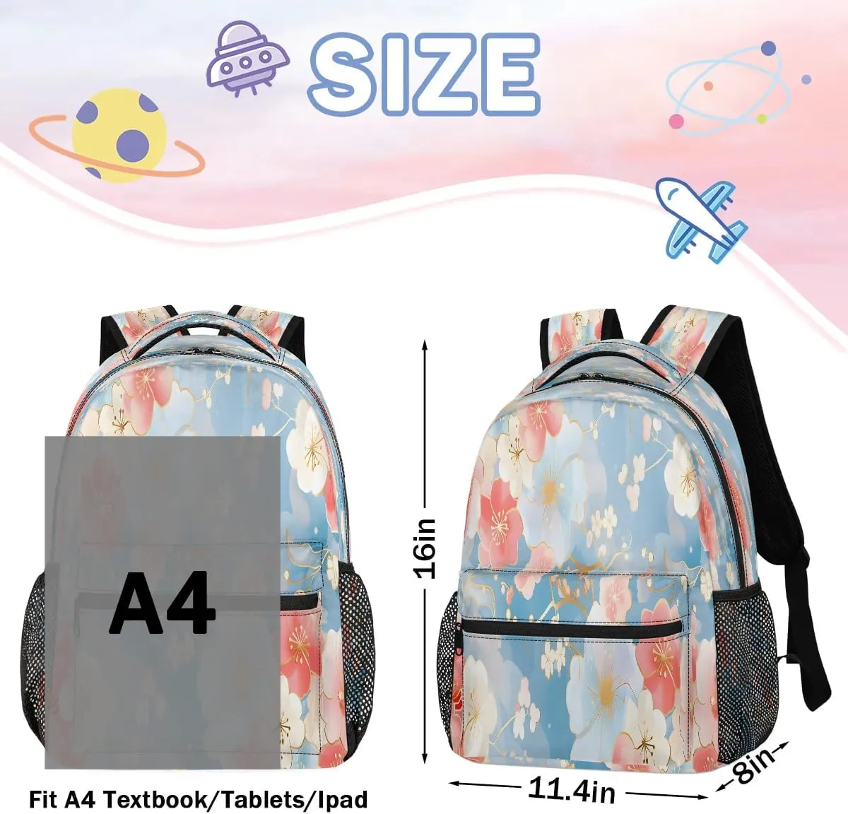 16 Inch Backpack Cherry Blossom Pink Blue Waterproof Lightweight Travel Back Pack Adjustable Casual Rucksack For Men Women Daypack Fits Travel Outdoor Sport Work Hiking Gym Gifts
