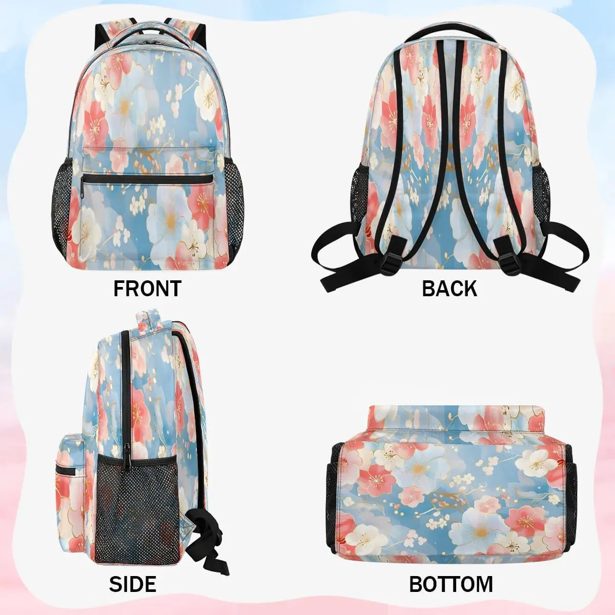 16 Inch Backpack Cherry Blossom Pink Blue Waterproof Lightweight Travel Back Pack Adjustable Casual Rucksack For Men Women Daypack Fits Travel Outdoor Sport Work Hiking Gym Gifts