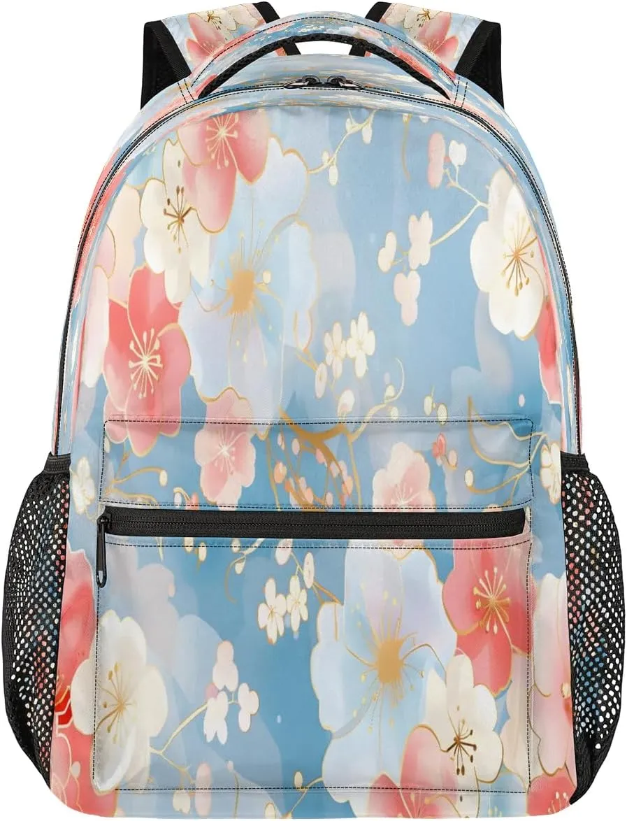 16 Inch Backpack Cherry Blossom Pink Blue Waterproof Lightweight Travel Back Pack Adjustable Casual Rucksack For Men Women Daypack Fits Travel Outdoor Sport Work Hiking Gym Gifts