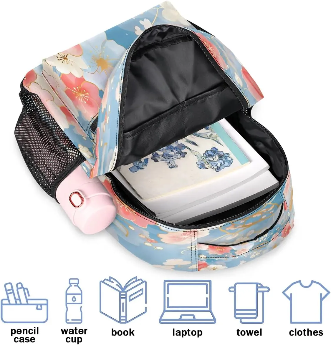 16 Inch Backpack Cherry Blossom Pink Blue Waterproof Lightweight Travel Back Pack Adjustable Casual Rucksack For Men Women Daypack Fits Travel Outdoor Sport Work Hiking Gym Gifts