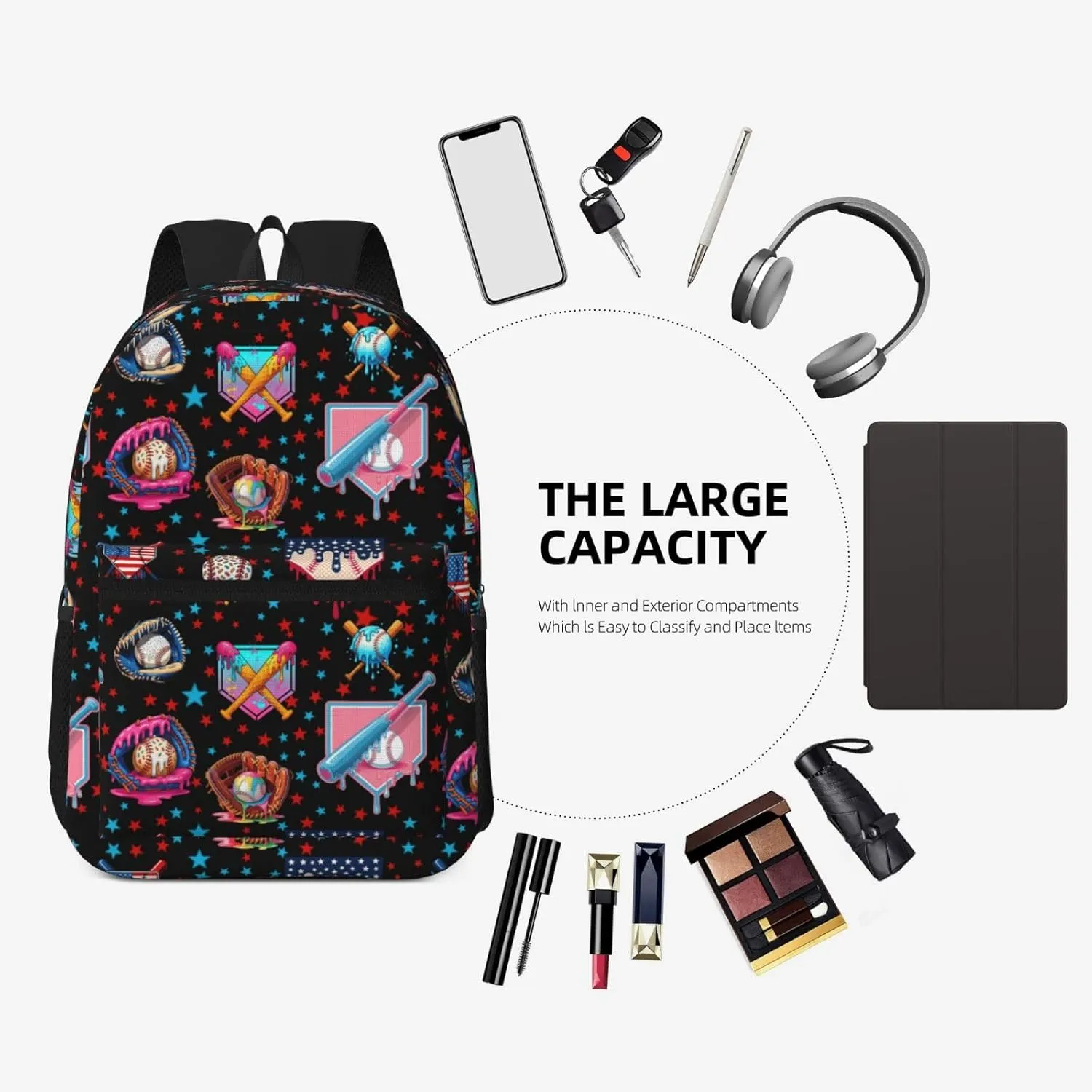 17 Inch Baseball Drip Ice Cream Backpack, Large Capacity Lightweight Carry-On Backpack, Waterproof Casual Outdoor