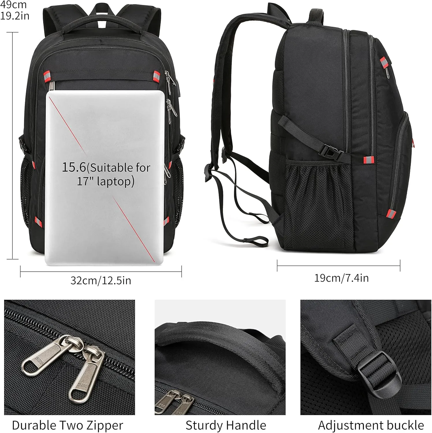 17.3 inch Laptop Backpack,Large Backpack Computer Bookbag Rucksack with USB Charging Port,Water Resistant Sturdy Backpack for Business College School Travel,Men Women Casual Daypack,Black