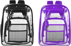 2-2 Pack Clear Backpack Bulk for Students SeeThrough Bag With Keychain Incluide Transparen Stadium Backpack (1 Black / 1 Purple 2 Key ShainLetter M), Large, TY22092704