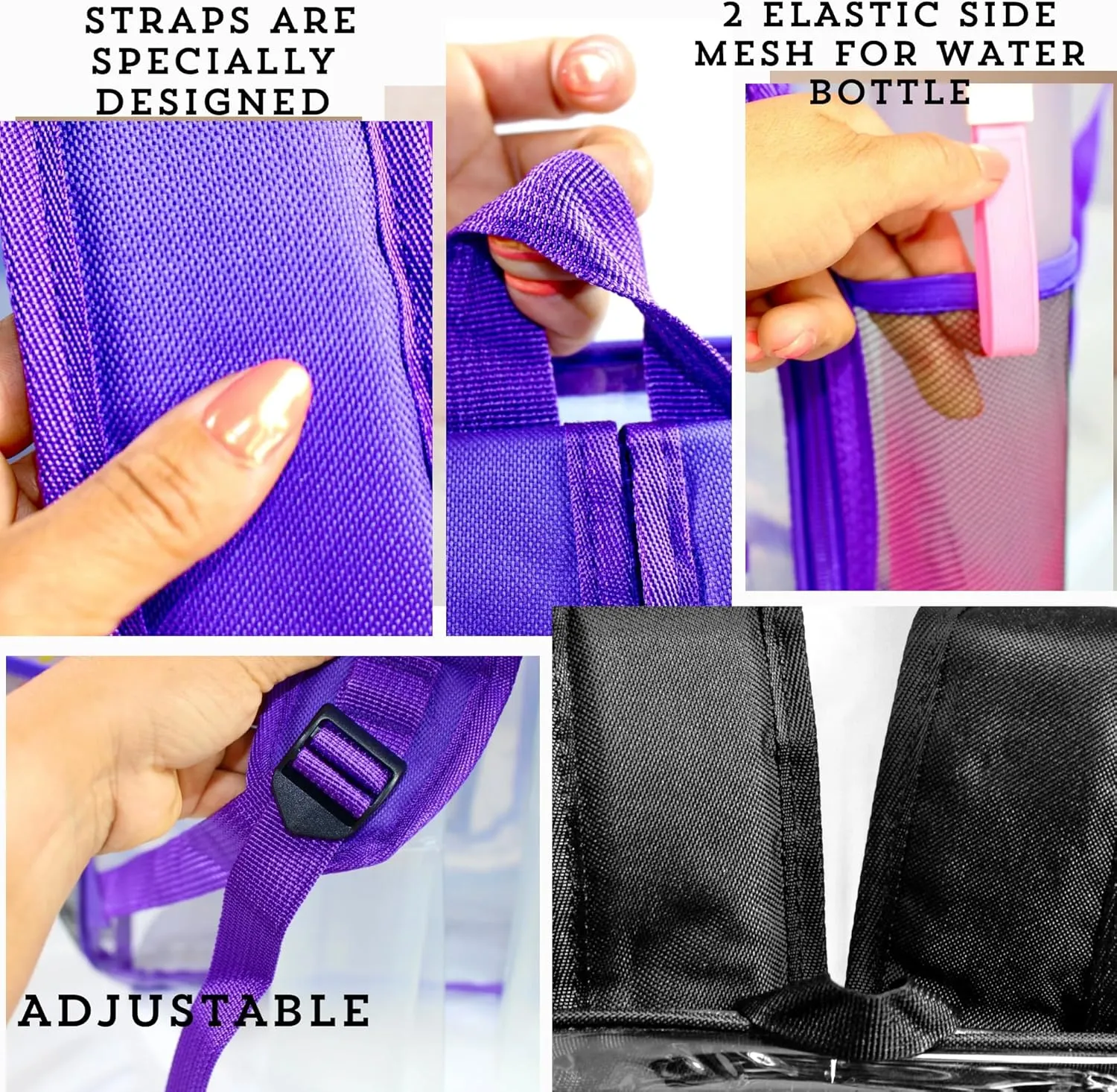 2-2 Pack Clear Backpack Bulk for Students SeeThrough Bag With Keychain Incluide Transparen Stadium Backpack (1 Black / 1 Purple 2 Key ShainLetter M), Large, TY22092704