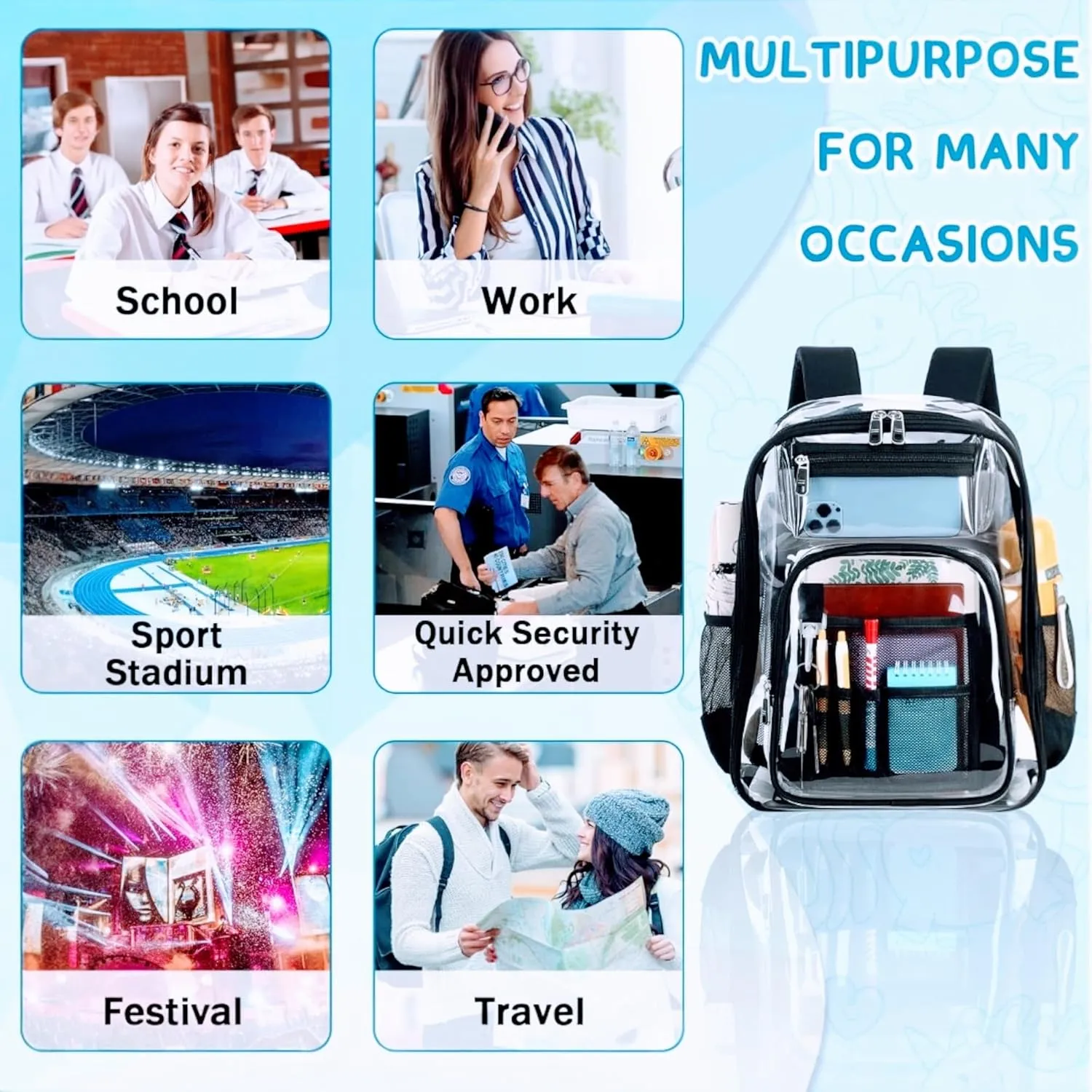 2-2 Pack Clear Backpack Bulk for Students SeeThrough Bag With Keychain Incluide Transparen Stadium Backpack (1 Black / 1 Purple 2 Key ShainLetter M), Large, TY22092704