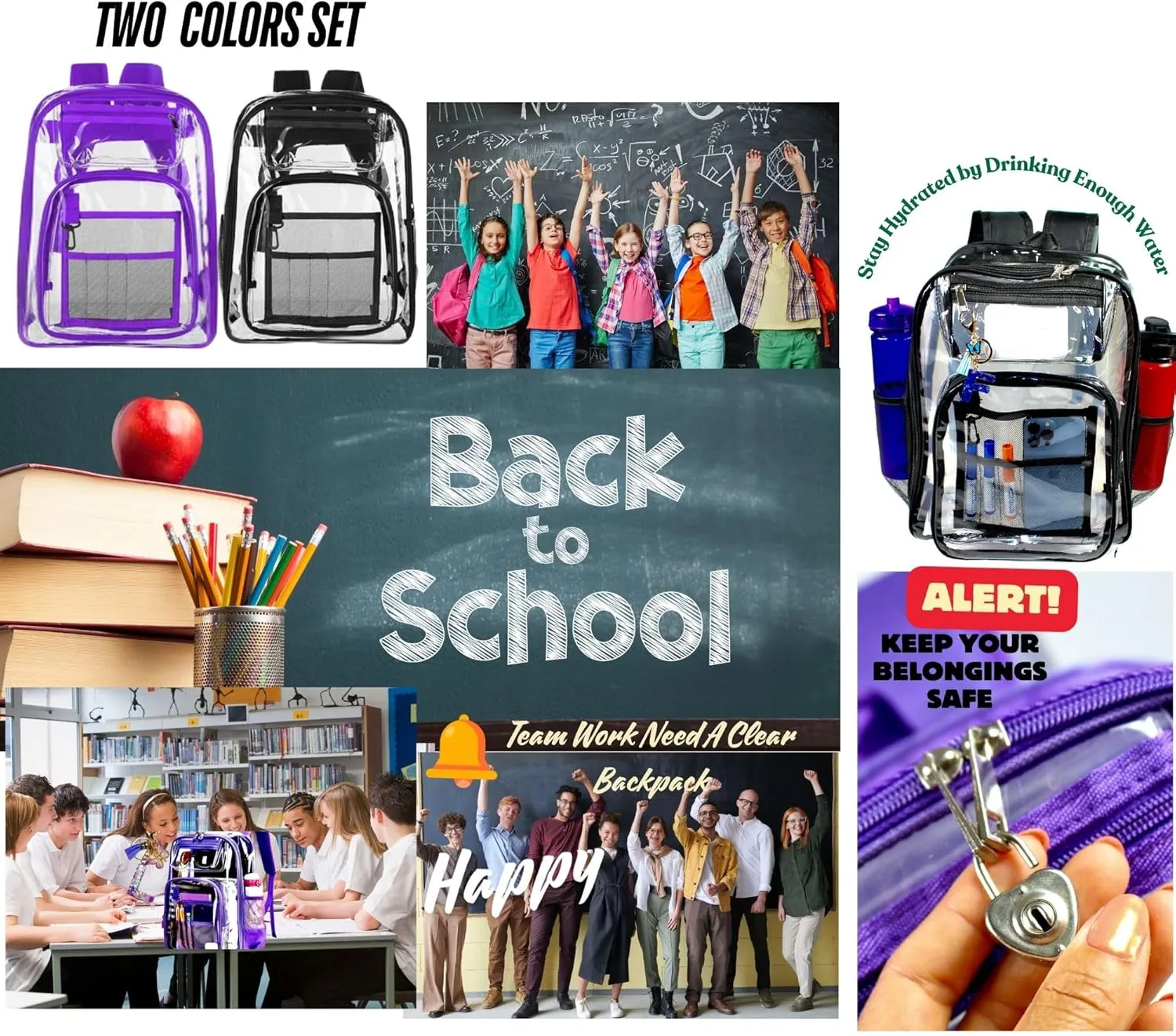 2-2 Pack Clear Backpack Bulk for Students SeeThrough Bag With Keychain Incluide Transparen Stadium Backpack (1 Black / 1 Purple 2 Key ShainLetter M), Large, TY22092704