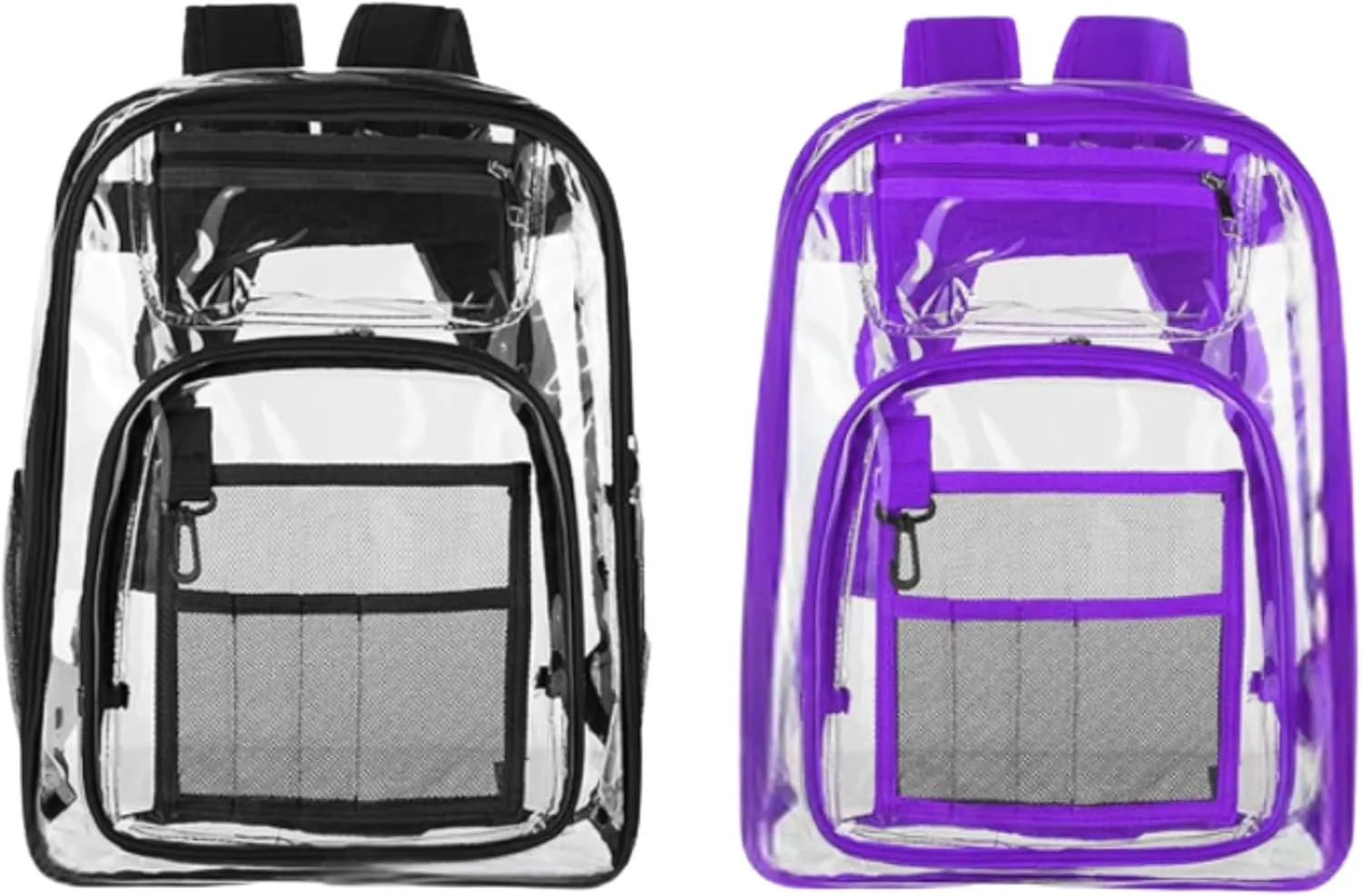 2-2 Pack Clear Backpack Bulk for Students SeeThrough Bag With Keychain Incluide Transparen Stadium Backpack (1 Black / 1 Purple 2 Key ShainLetter M), Large, TY22092704