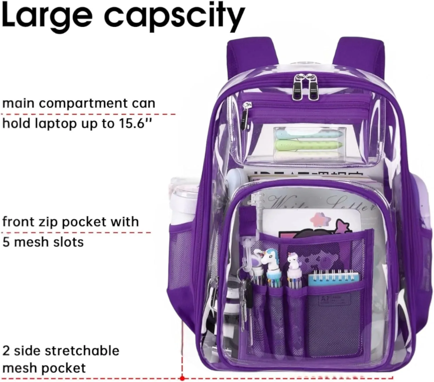 2-2 Pack Clear Backpack Bulk for Students SeeThrough Bag With Keychain Incluide Transparen Stadium Backpack (1 Black / 1 Purple 2 Key ShainLetter M), Large, TY22092704