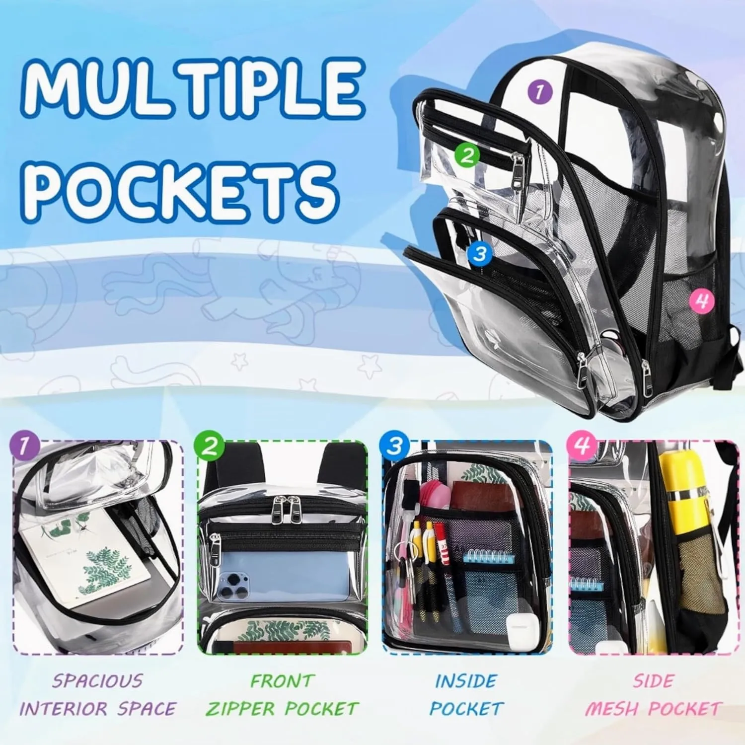 2-2 Pack Clear Backpack Bulk for Students SeeThrough Bag With Keychain Incluide Transparen Stadium Backpack (1 Black / 1 Purple 2 Key ShainLetter M), Large, TY22092704