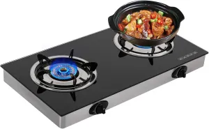 2-Burner Gas Stove,Countertop Gas Stove Portable Double Auto Ignition LPG Stove with Boiler Brackets,Outdoor 2-Burner Propane Gas Cooktop for Kitchen,Camping,RV
