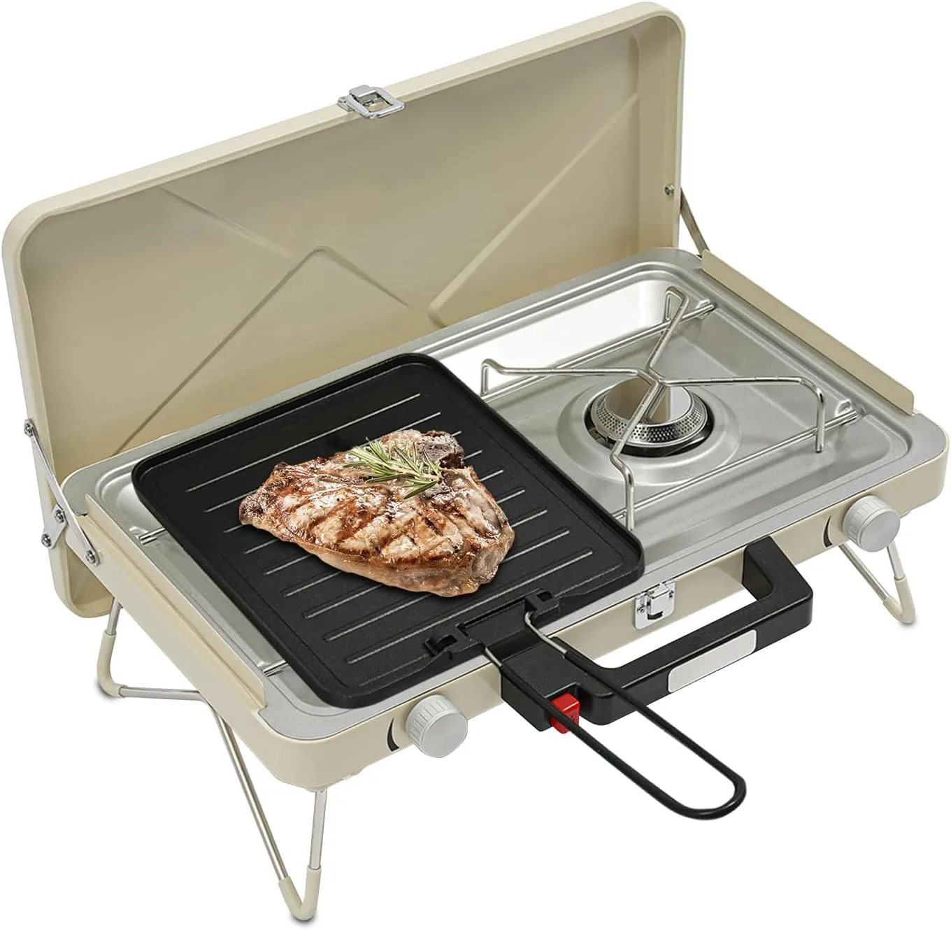 2-in-1 Burner Portable Camping Stove Methane Camping Stove for Outdoor Use with Two Independent Stepless Fire Adjustment Knobs for Outdoor Picnics Hiking Caravans Motorhomes Etc (White)