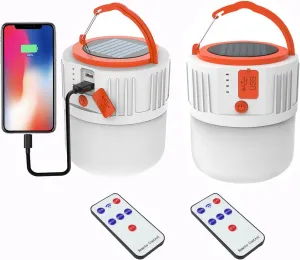 2 in 1 Solar Lamp LED Remote Control Lantern 100W Camping 5000mah Rechargeable 6000LM Tent Light Hanging Hooked Electric 5 Modes Waterproof Outdoor Power Outage Emergency Portable 2 Pack