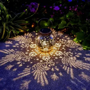 2 Pack Outdoor Solar Hanging Lantern Lights Metal LED Decorative Lamp for Garden Patio Courtyard Lawn and Table with Hollowed-Out Design (Bronze Hummingbird)