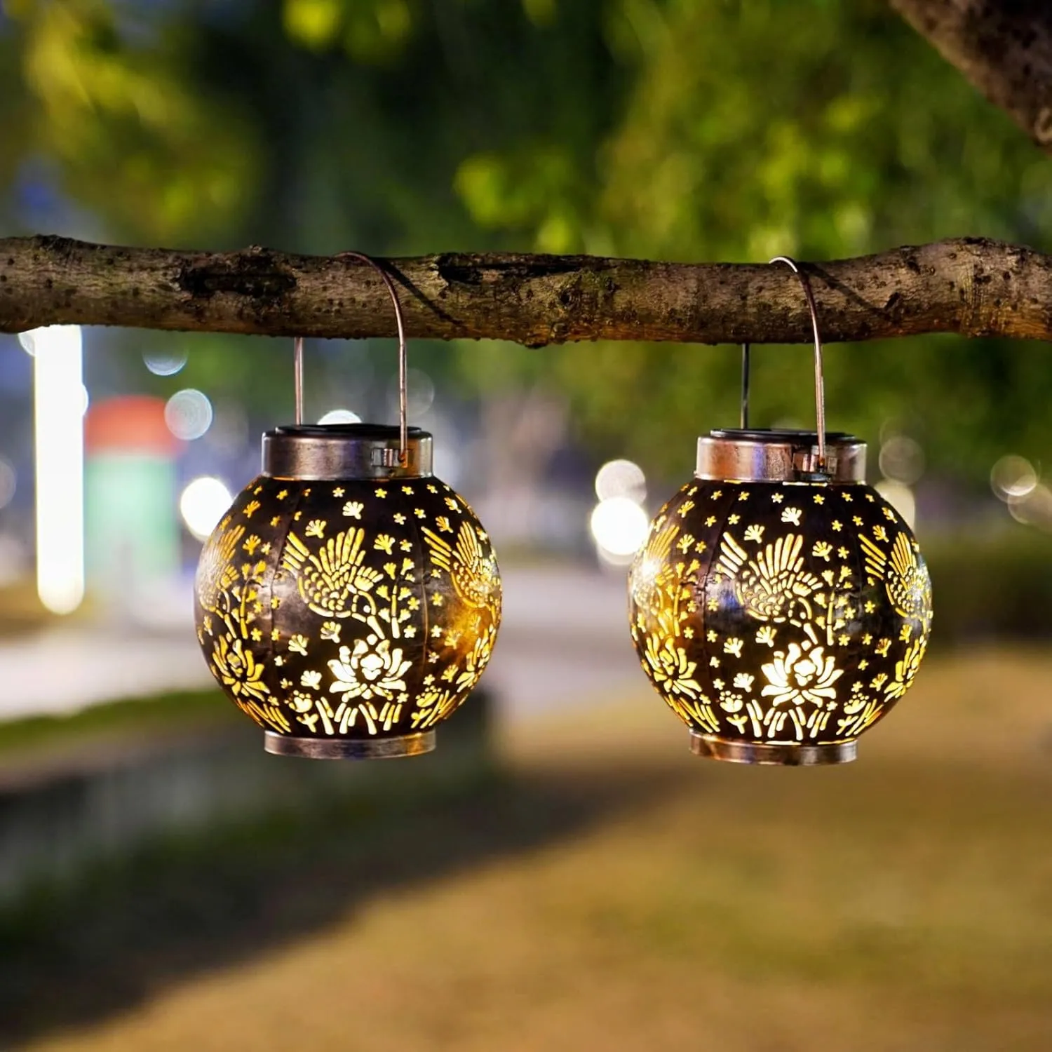2 Pack Outdoor Solar Hanging Lantern Lights Metal LED Decorative Lamp for Garden Patio Courtyard Lawn and Table with Hollowed-Out Design (Bronze Hummingbird)