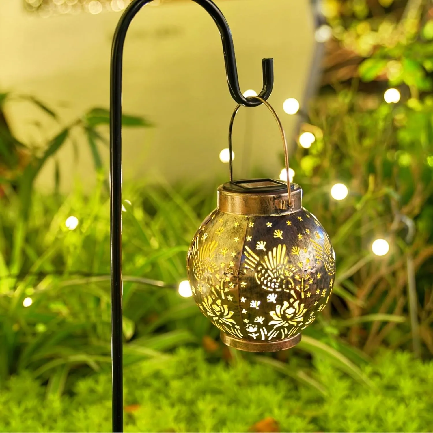 2 Pack Outdoor Solar Hanging Lantern Lights Metal LED Decorative Lamp for Garden Patio Courtyard Lawn and Table with Hollowed-Out Design (Bronze Hummingbird)