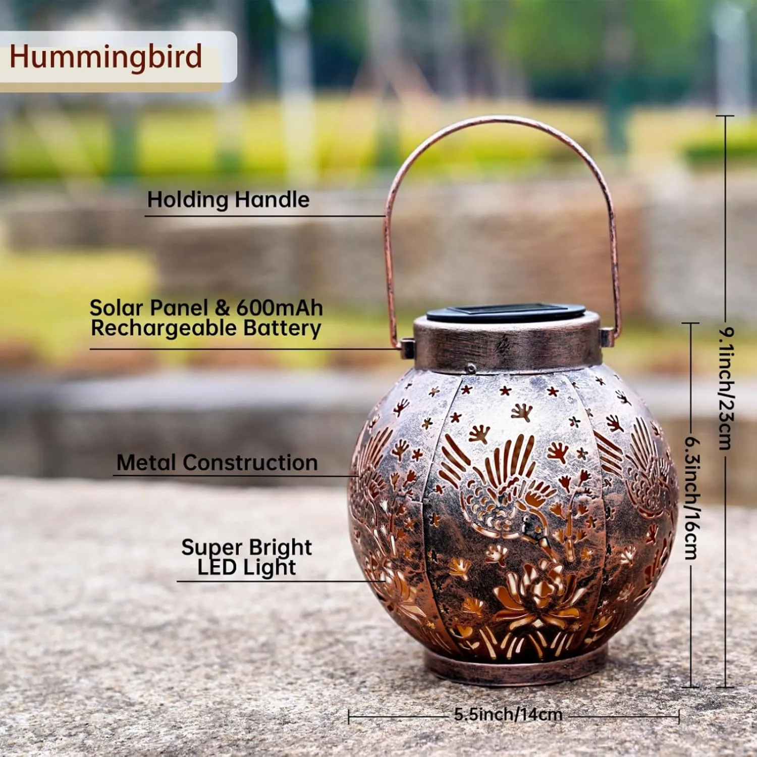 2 Pack Outdoor Solar Hanging Lantern Lights Metal LED Decorative Lamp for Garden Patio Courtyard Lawn and Table with Hollowed-Out Design (Bronze Hummingbird)