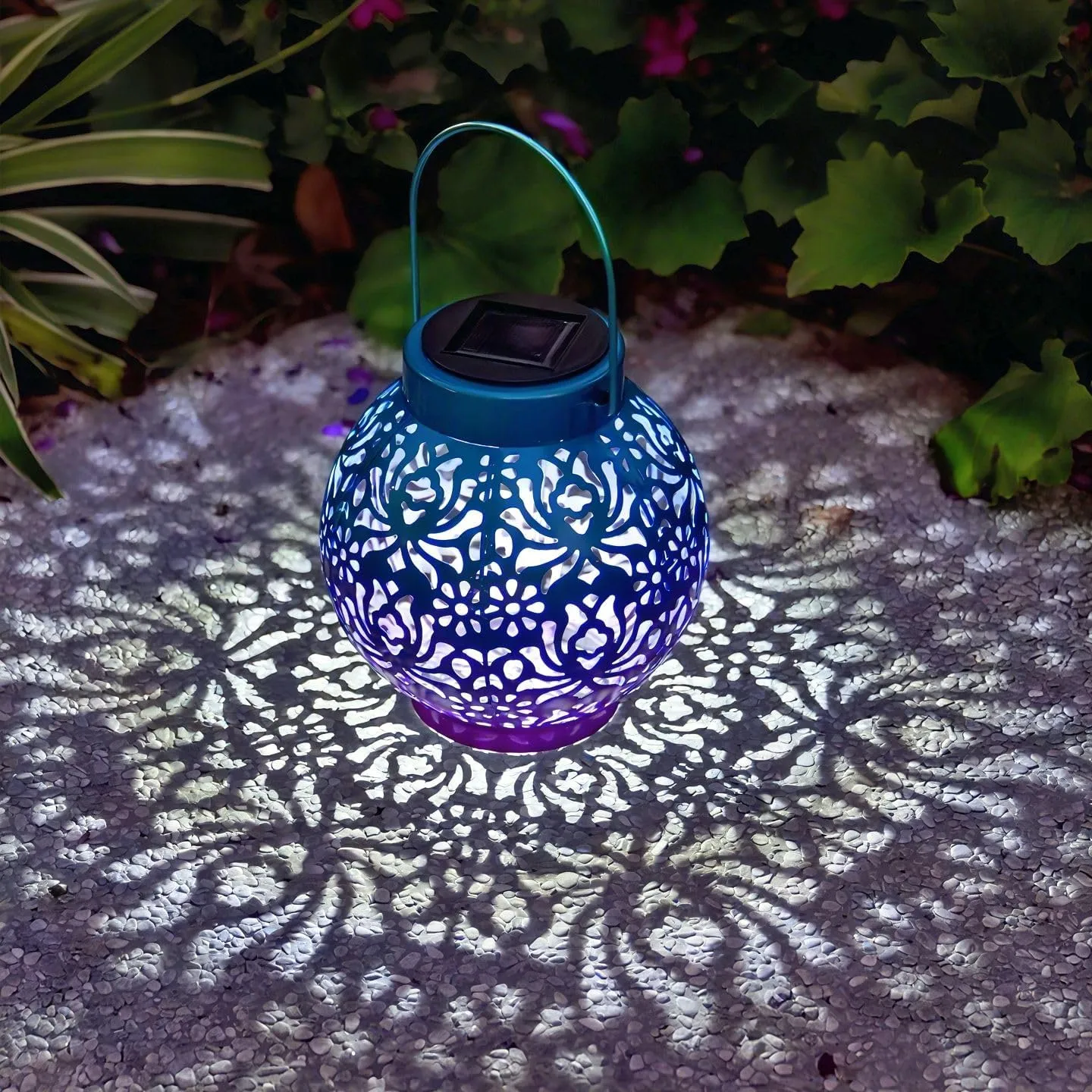 2 Pack Outdoor Solar Hanging Lantern Lights Metal LED Decorative Lamp for Garden Patio Courtyard Lawn and Table with Hollowed-Out Design (Royal Purple)