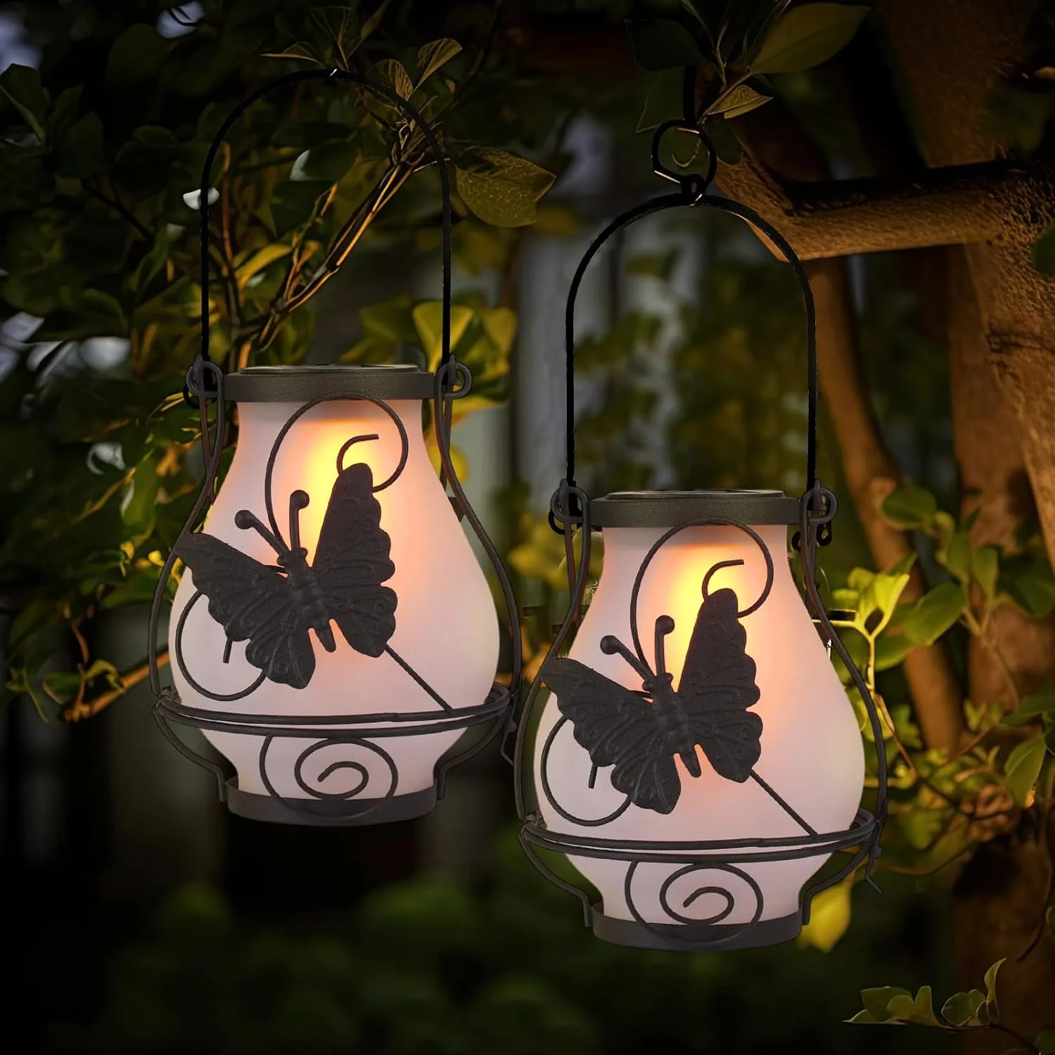 2 Pack Solar Flame Lights Outdoor Metal Lantern Hanging Waterproof LED for Patio Garden Decorations(Butterfly)