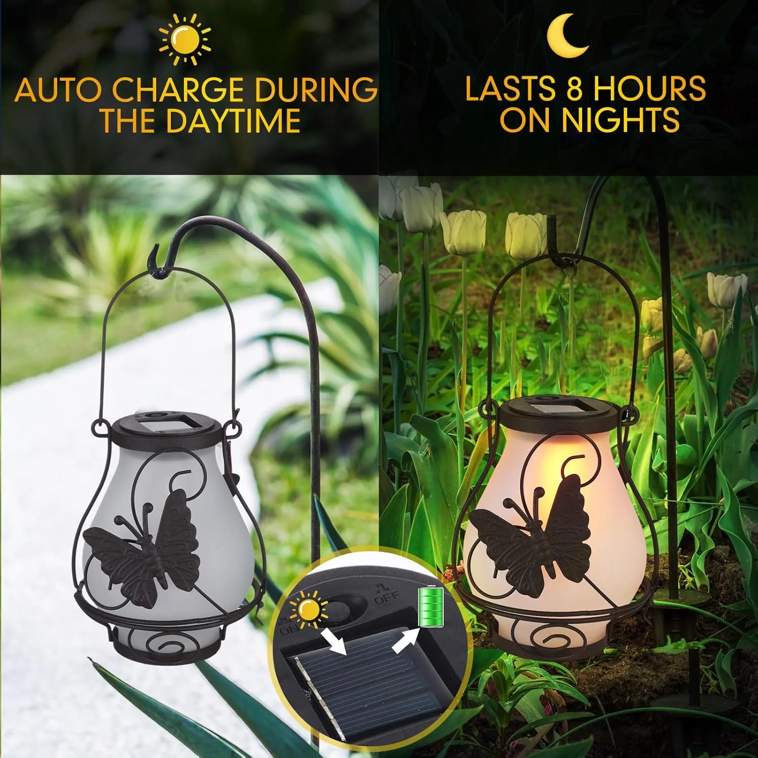 2 Pack Solar Flame Lights Outdoor Metal Lantern Hanging Waterproof LED for Patio Garden Decorations(Butterfly)