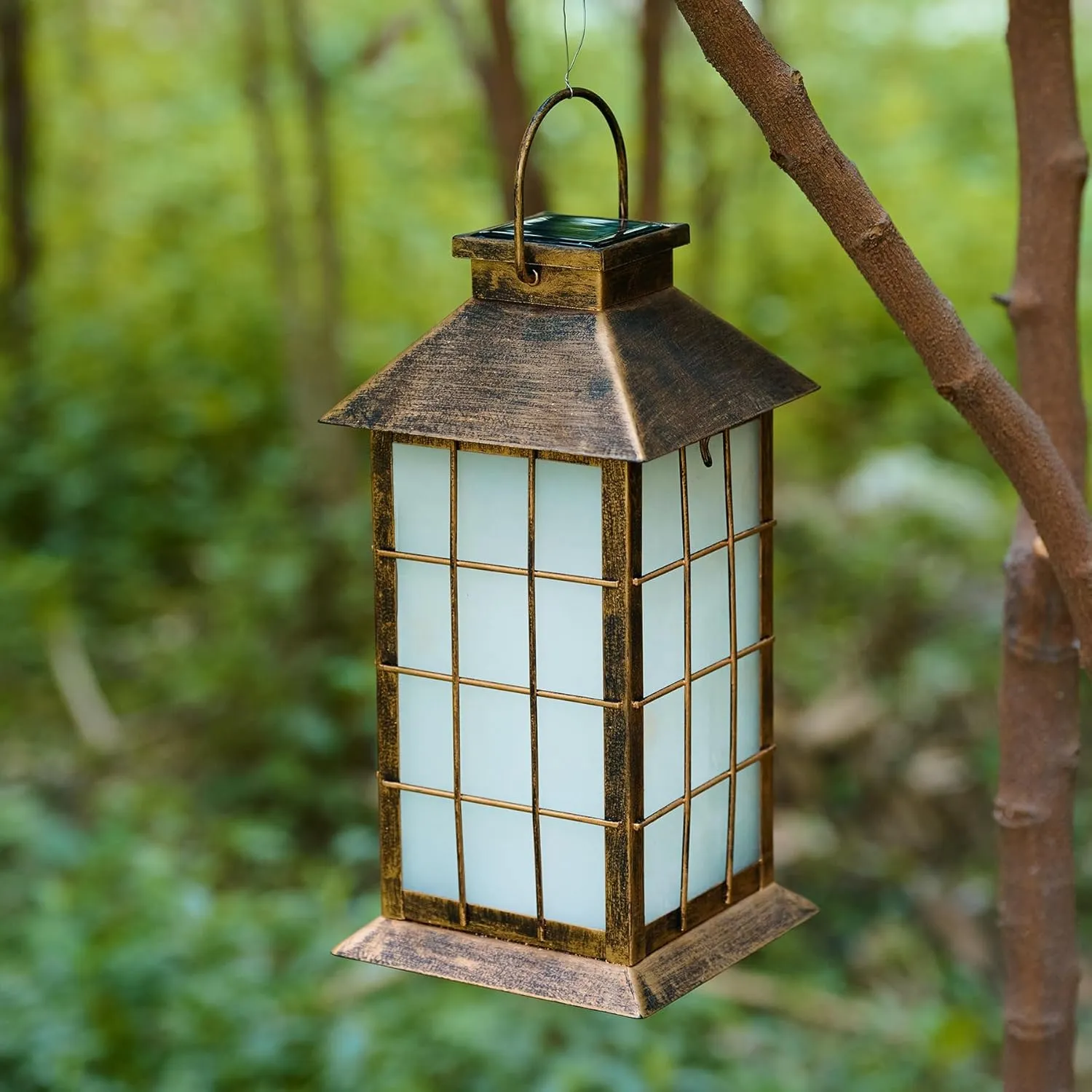 2 Pack Solar Lantern with Flickering Flame Candle, 13" Outdoor Waterproof Solar Lanterns Garden Decorative, Glass Hanging Lantern Metal for Outdoor Patio Yard Tabletop Decoration, Bronze-Grid