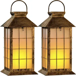 2 Pack Solar Lantern with Flickering Flame Candle, 13" Outdoor Waterproof Solar Lanterns Garden Decorative, Glass Hanging Lantern Metal for Outdoor Patio Yard Tabletop Decoration, Bronze-Grid