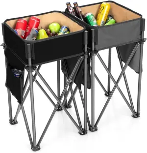 2 Pieces Folding Camping Tables with Large Capacity Storage Sink with Side Pockets, Portable Outdoor Tables for BBQ, Party, Black and Grey