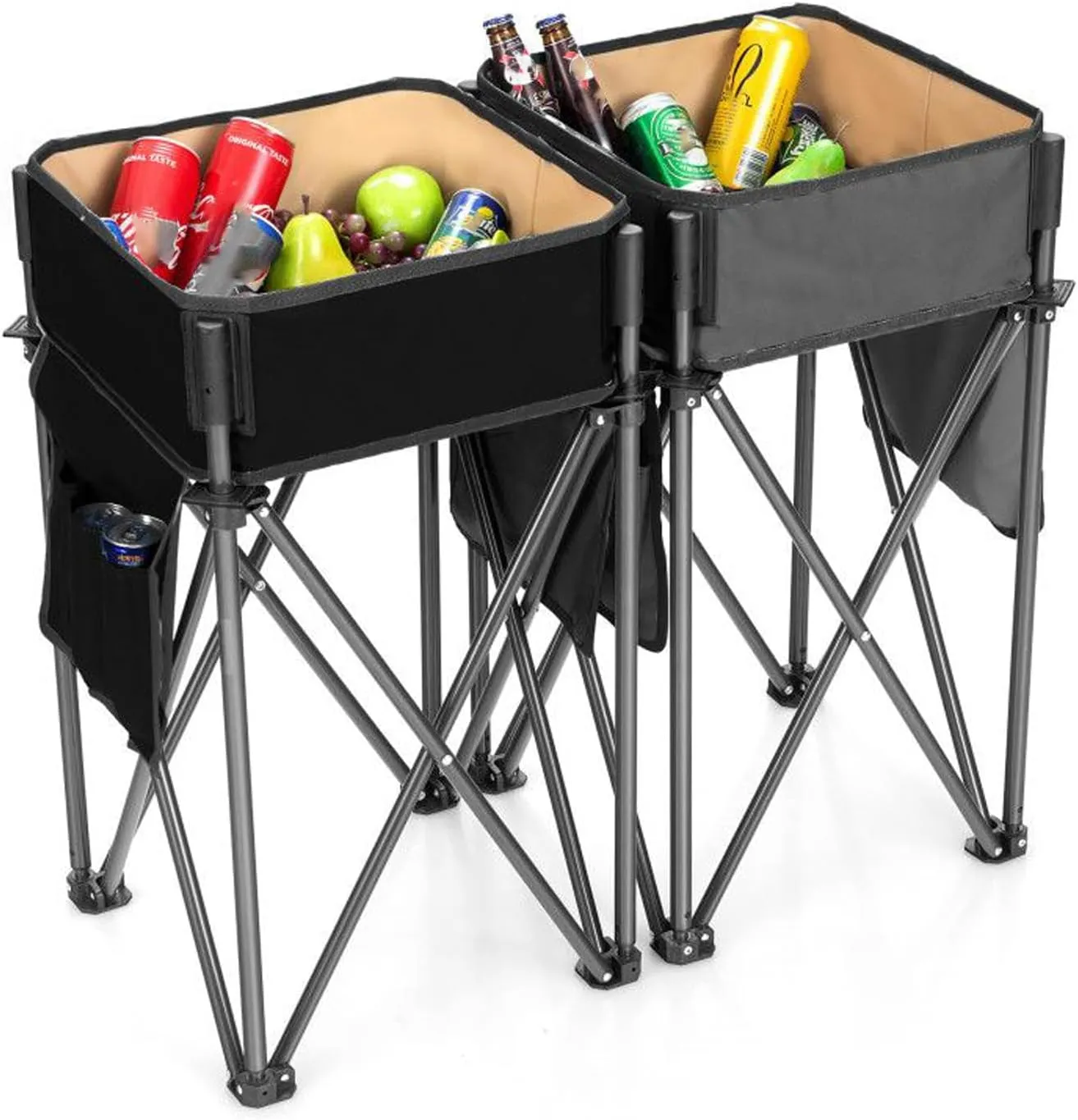 2 Pieces Folding Camping Tables with Large Capacity Storage Sink with Side Pockets, Portable Outdoor Tables for BBQ, Party, Black and Grey