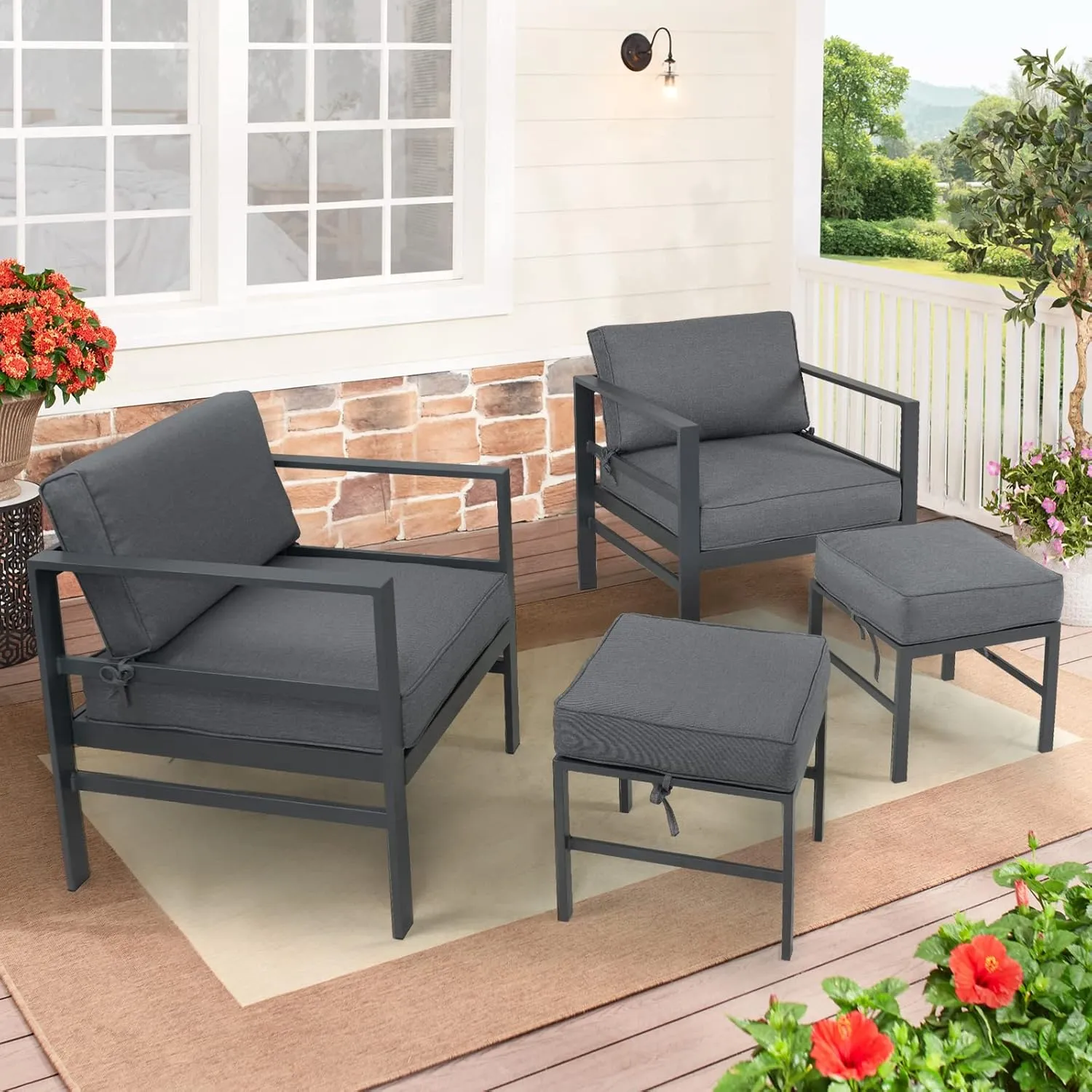 2 Pieces Outdoor Ottomans for Patio, Assembled Aluminum Outdoor Patio Footstool with Gray Cushions, Small Aluminum Patio Seat for Porch Yard Garden Deck, Grey Frame