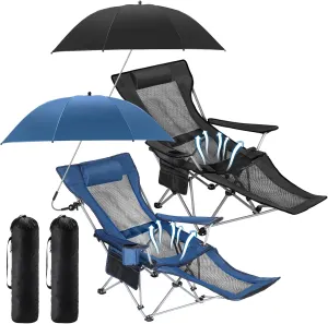 2 Set Reclining Beach Chair and Umbrella for Adults, Outdoor Camping Foldable Sand Chairs with Umbrella, SPF 50 , High Back, with Foot Rest, Cup Holder and Mesh Bag