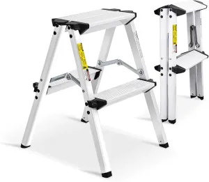 2-Step Aluminum Stool, Folding, Lightweight, Sturdy, 220 lbs Capacity, White