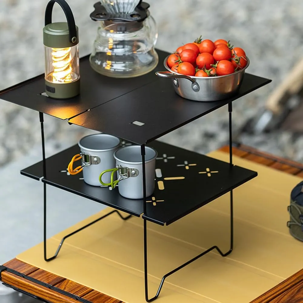 2-Tier Mini Compact Camping Table Ultralight Folding Table for Backpacking Camp Hiking Beach Picnic BBQ (Black)