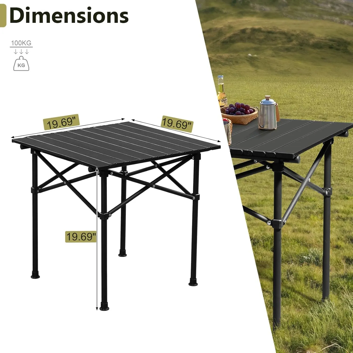 2.0 Ft Folding Portable Picnic Camping Table,Aluminum Roll-up Table with Easy Carrying Bag for Indoor, Outdoor, Beach, Backyard, BBQ, Party, Patio, Picnic
