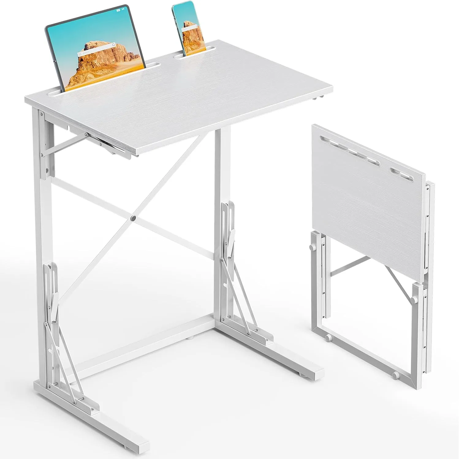 21''Wx28''H Folding TV Tray, Small Foldable C-Shaped End Table for Eating with Tablet and Phone Slots, Slide Under Couch Side Table for Recliner, Living Room, Bedroom, White