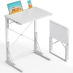 21''Wx28''H Folding TV Tray, Small Foldable C-Shaped End Table for Eating with Tablet and Phone Slots, Slide Under Couch Side Table for Recliner, Living Room, Bedroom, White