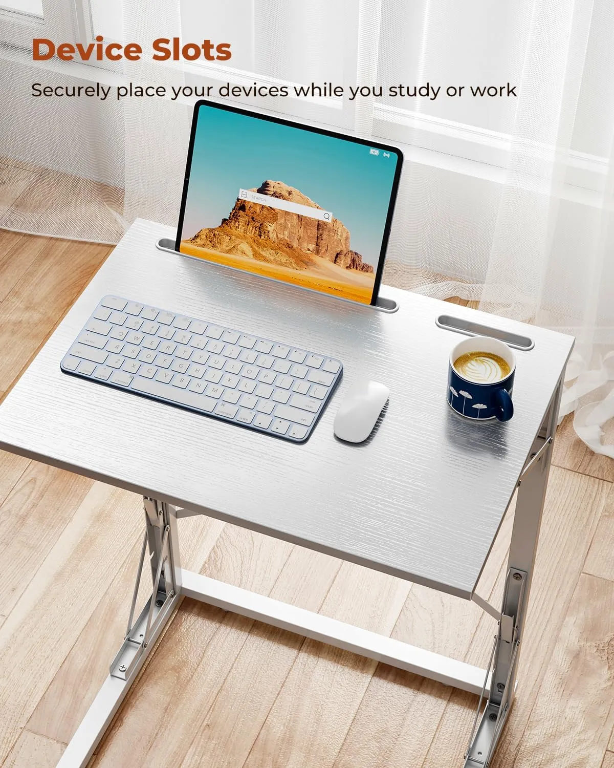 21''Wx28''H Folding TV Tray, Small Foldable C-Shaped End Table for Eating with Tablet and Phone Slots, Slide Under Couch Side Table for Recliner, Living Room, Bedroom, White