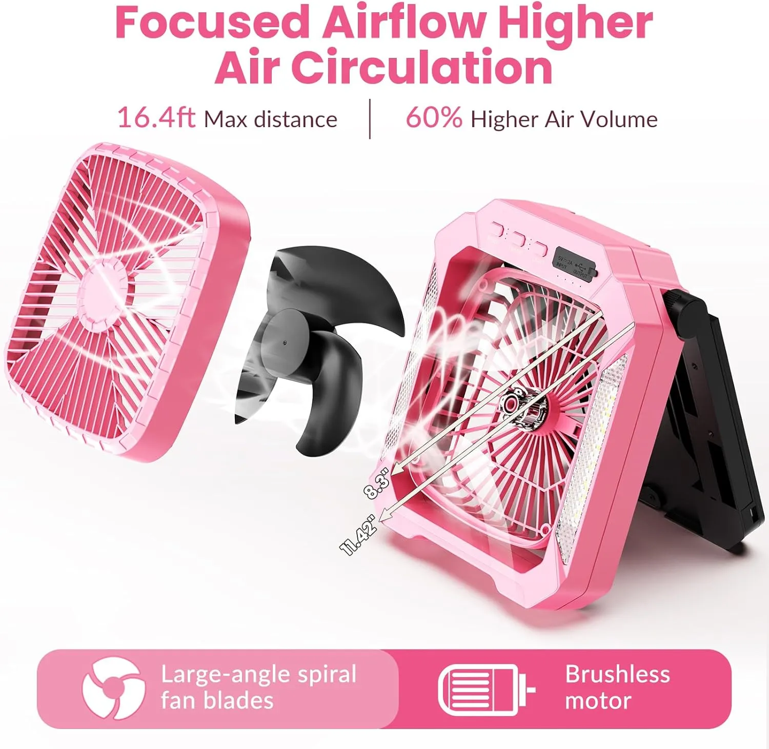 26800mAh Portable Fan Rechargeable with 18W Detachable Solar Panel, Quiet Battery Powered Camping Fan Cordless with LED Lantern,3 Speed,Timer,USB-C,for Bedroom Tent Home Office Desk Hurricane(Pink)