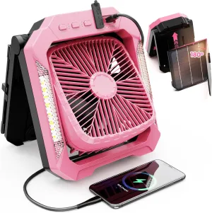 26800mAh Portable Fan Rechargeable with 18W Detachable Solar Panel, Quiet Battery Powered Camping Fan Cordless with LED Lantern,3 Speed,Timer,USB-C,for Bedroom Tent Home Office Desk Hurricane(Pink)