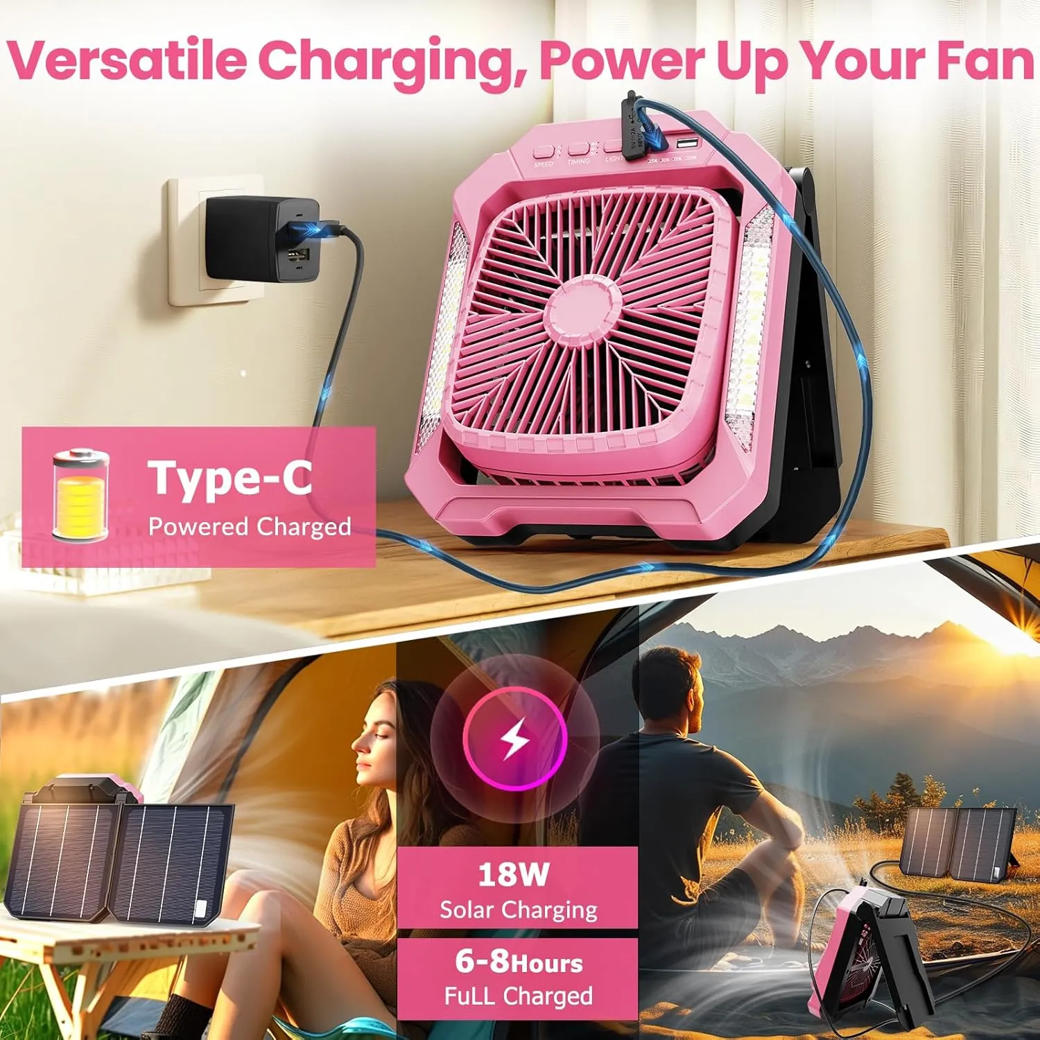 26800mAh Portable Fan Rechargeable with 18W Detachable Solar Panel, Quiet Battery Powered Camping Fan Cordless with LED Lantern,3 Speed,Timer,USB-C,for Bedroom Tent Home Office Desk Hurricane(Pink)