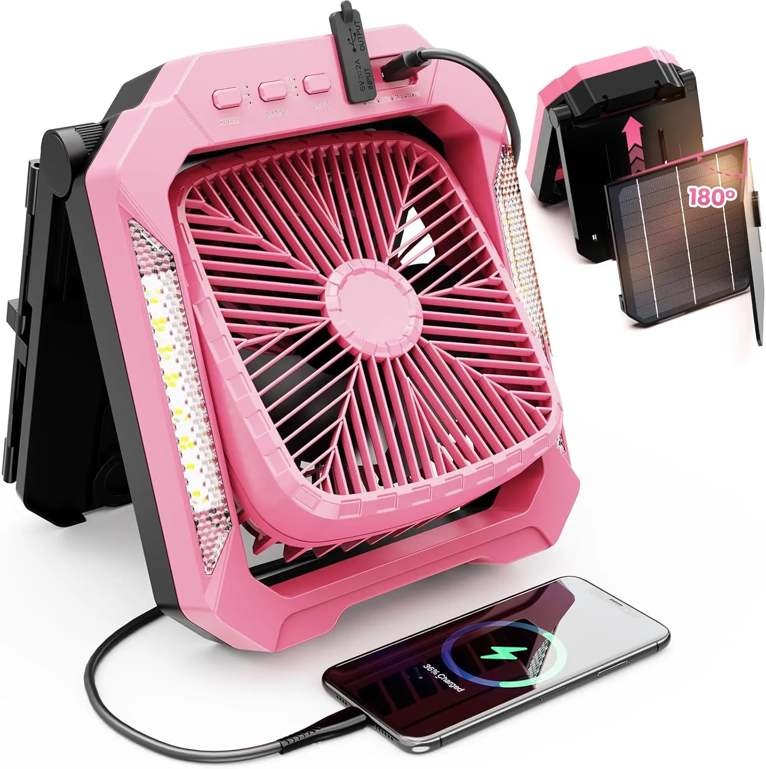 26800mAh Portable Fan Rechargeable with 18W Detachable Solar Panel, Quiet Battery Powered Camping Fan Cordless with LED Lantern,3 Speed,Timer,USB-C,for Bedroom Tent Home Office Desk Hurricane(Pink)