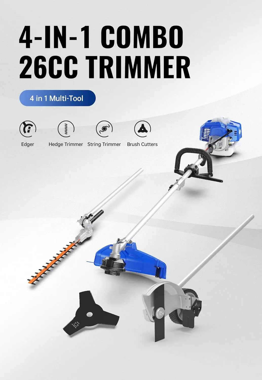 26cc Weed Wacker Gas Powered, 4 in 1 String Trimmer, Wheeled Edger, Hedge Trimmer and Brush Cutter Blade, Multi Yard Care Tools, Rubber Handle & Shoulder Strap Included