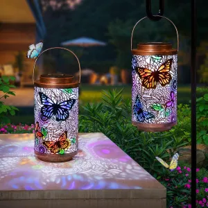 2Pack Outdoor Solar Lanterns Waterproof Butterfly Garden Gifts for Women, Multicolor Solar Outside Lights Metal Patio Lantern for Yard Decor, Backyard, Porch, Mothers Day Gifts for Mom Grandma Wife