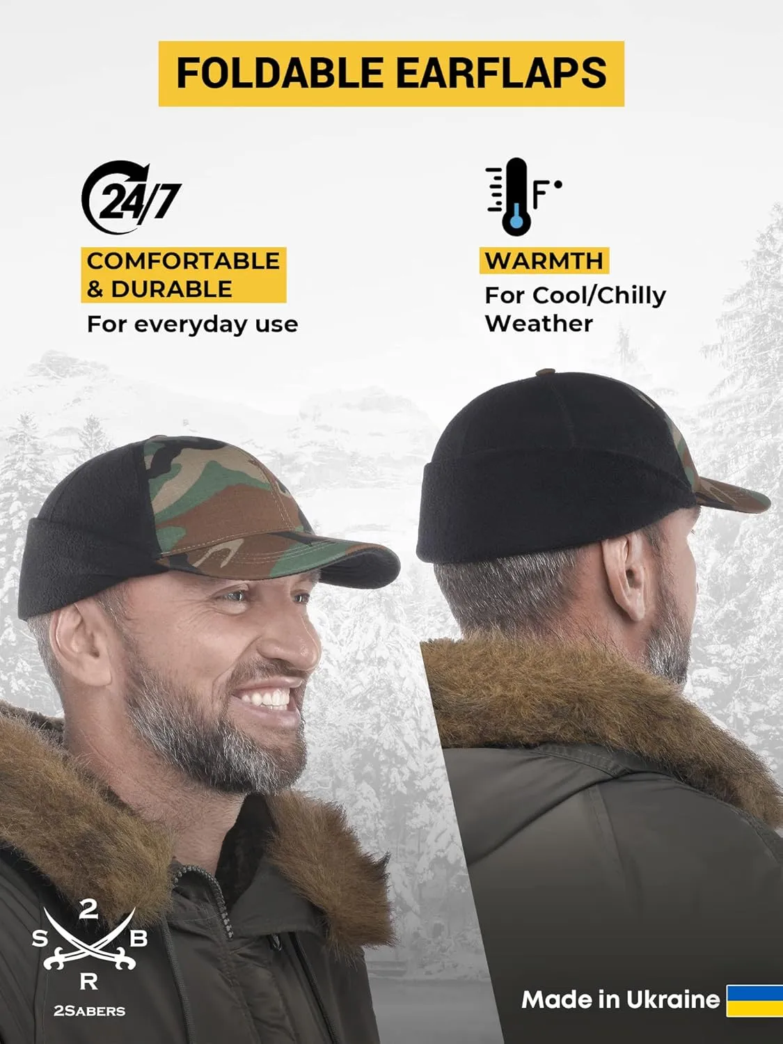 2SBR 2SABERS Mens Winter Hat with Earflaps and Visor - Warm Trucker Baseball Cap Hat