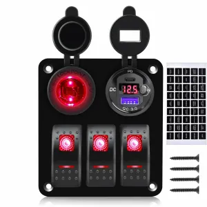3 Gang Carling Marine Rocker Switch Panel PD Type-C USB Port Socket 12V-24V Car Cigarette Lighter Power Outlet Battery LED Voltmeter with Button, Boat Switch Panel Waterproof for Truck RV Bus (Red)